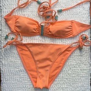 H&M Halter Coral Bikini With Turquoise Beads